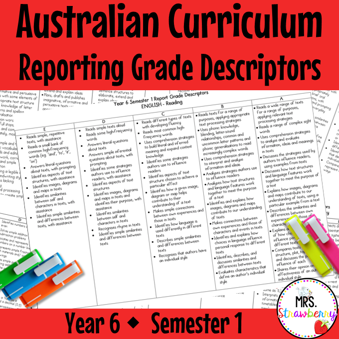 Year 6 ENGLISH AND MATHS Australian Curriculum Reporting Grade Descriptors Semester 1