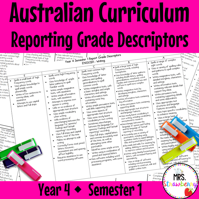 Year 4 ENGLISH AND MATHS Australian Curriculum Reporting Grade Descriptors Semester 1