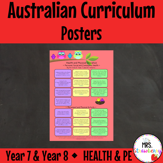 Year 7 and Year 8 HEALTH AND PHYSICAL EDUCATION Australian Curriculum Posters
