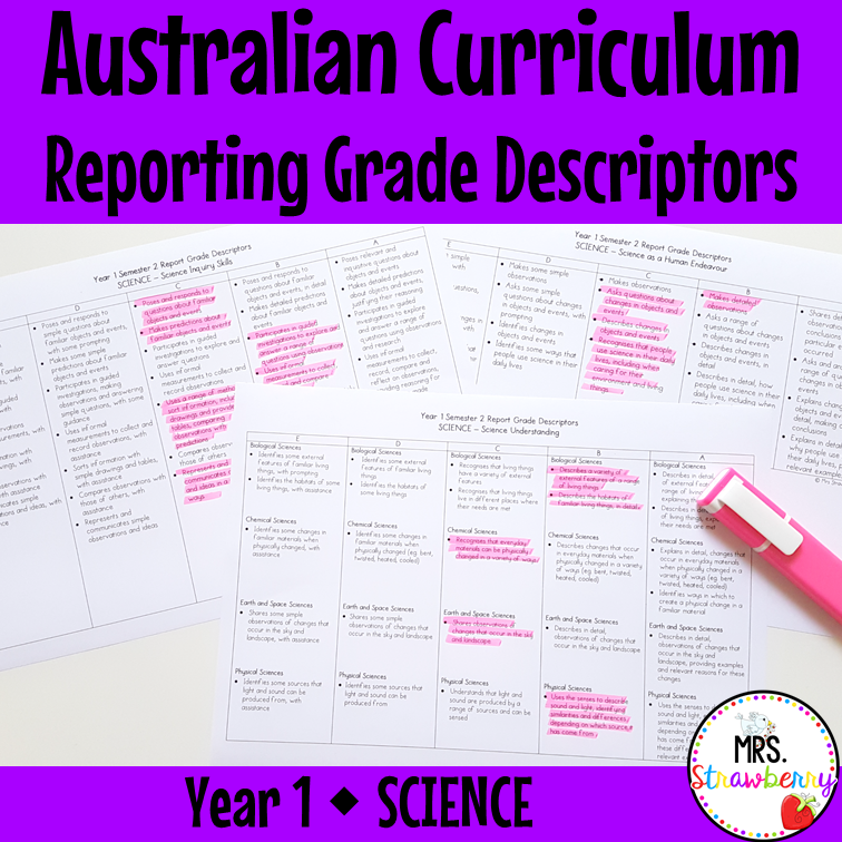 Year 1 SCIENCE Australian Curriculum Reporting Grade Descriptors