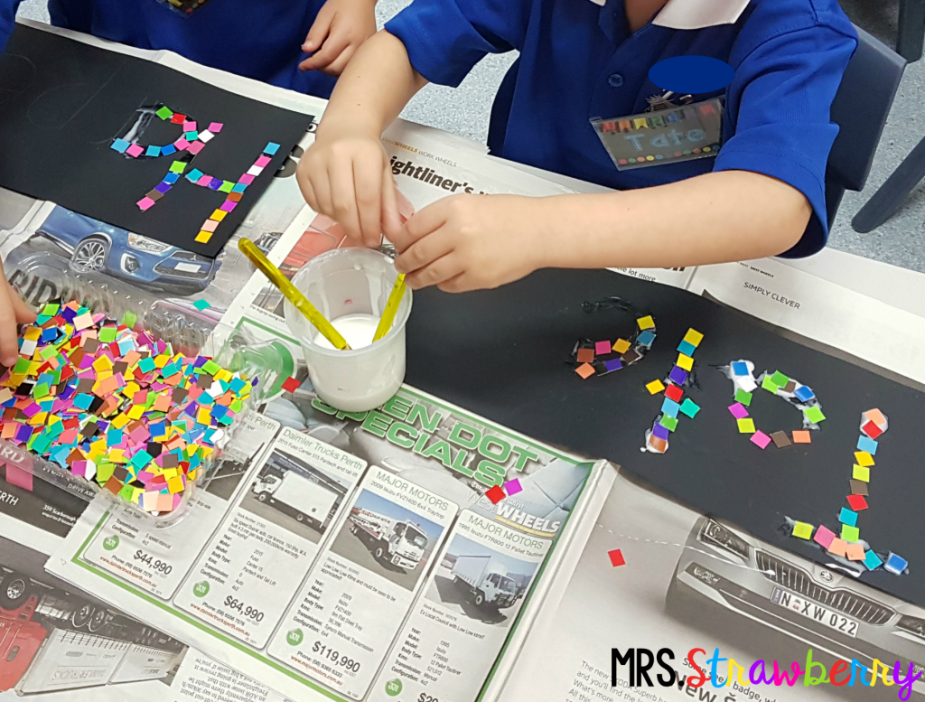 kids making mosaic name craft