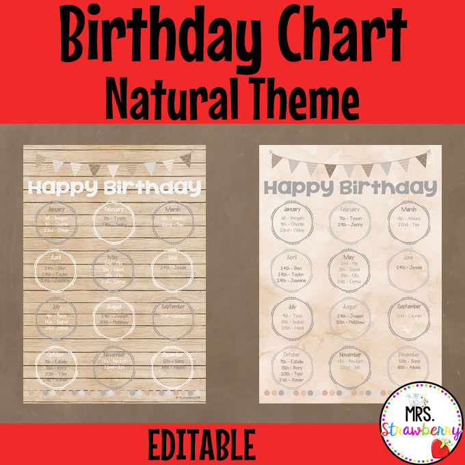 Natural Theme Birthday Chart EDITABLE