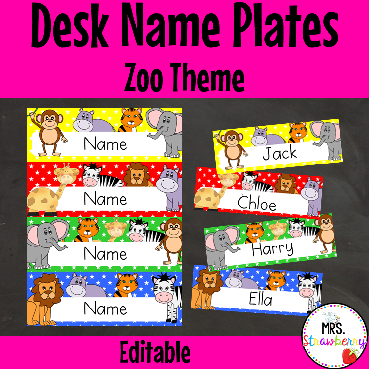 Zoo Animal Desk Name Plate Labels EDITABLE