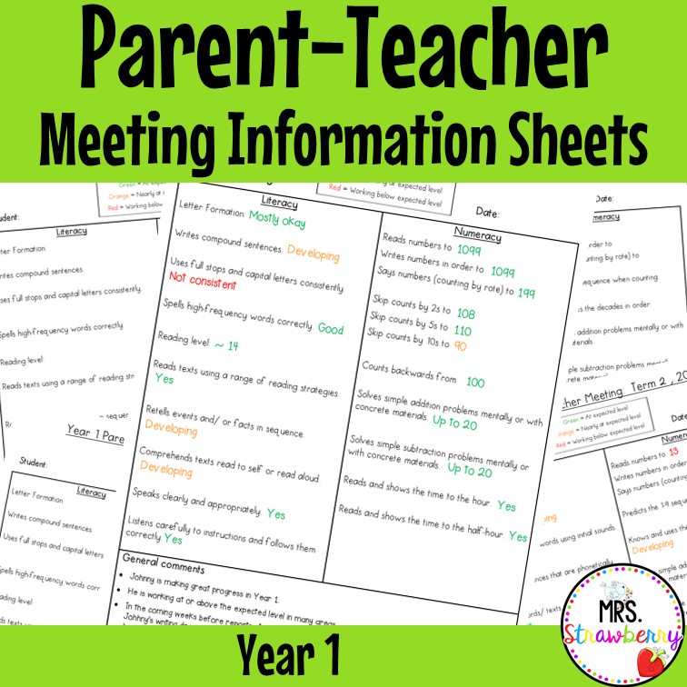 Year 1 Parent Teacher Meeting Student Information Sheets EDITABLE
