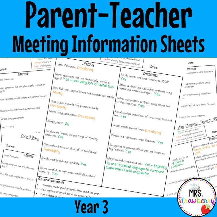 Year 3 Parent Teacher Meeting Student Information Sheets EDITABLE