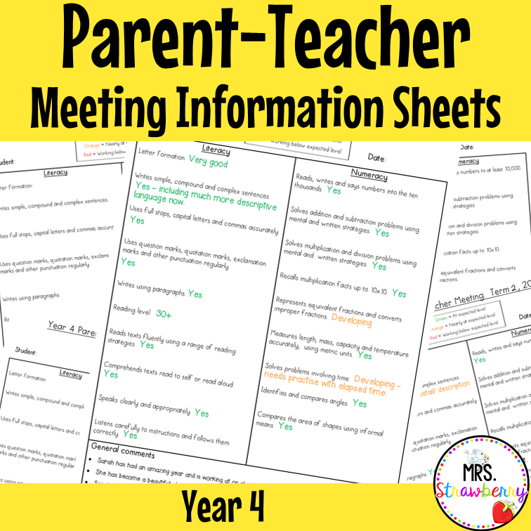 Year 4 Parent Teacher Meeting Student Information Sheets EDITABLE