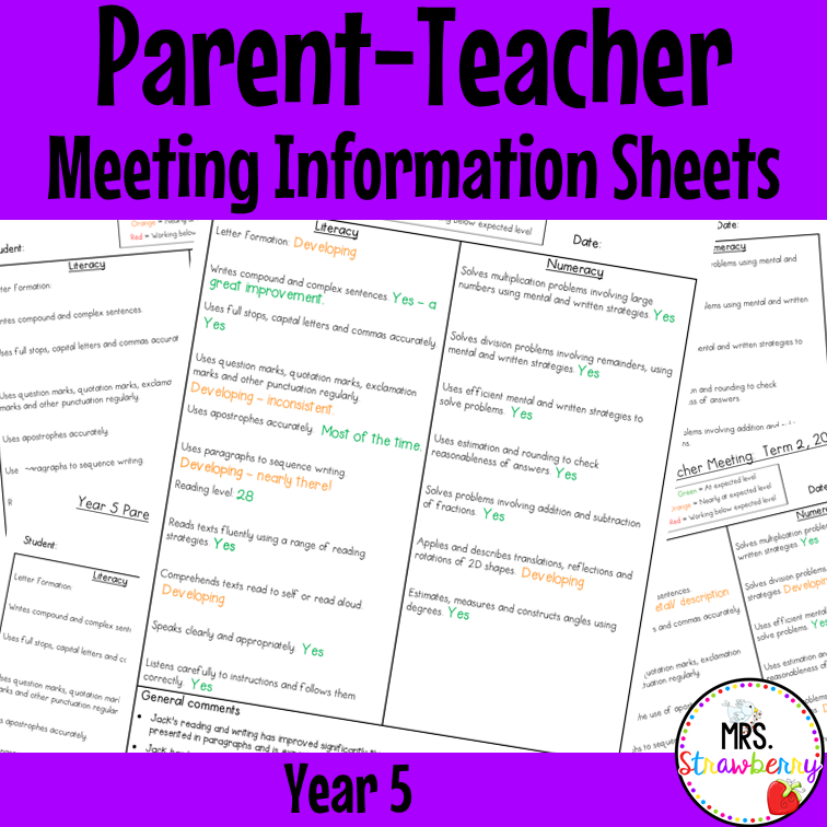Year 5 Parent Teacher Meeting Student Information Sheets EDITABLE