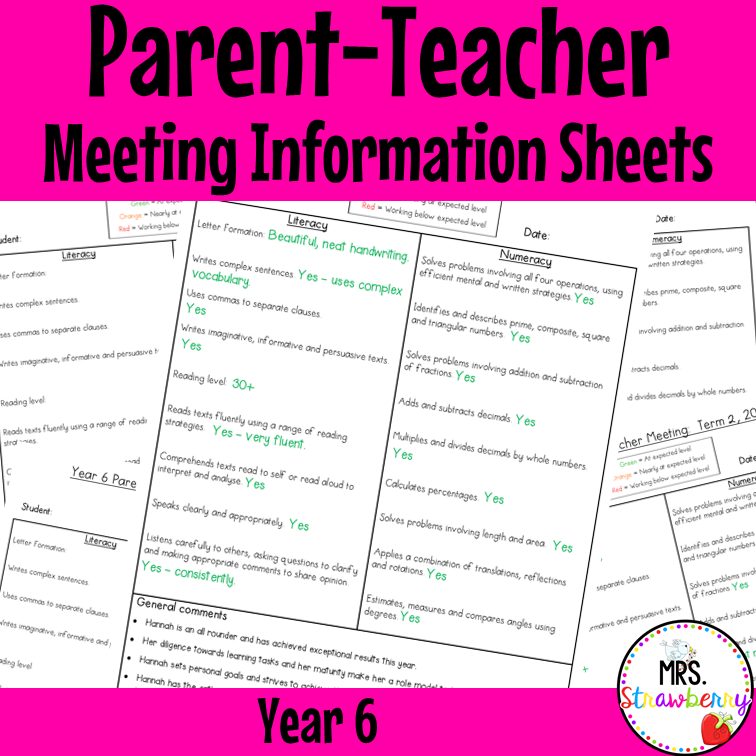 Year 6 Parent Teacher Meeting Student Information Sheets EDITABLE