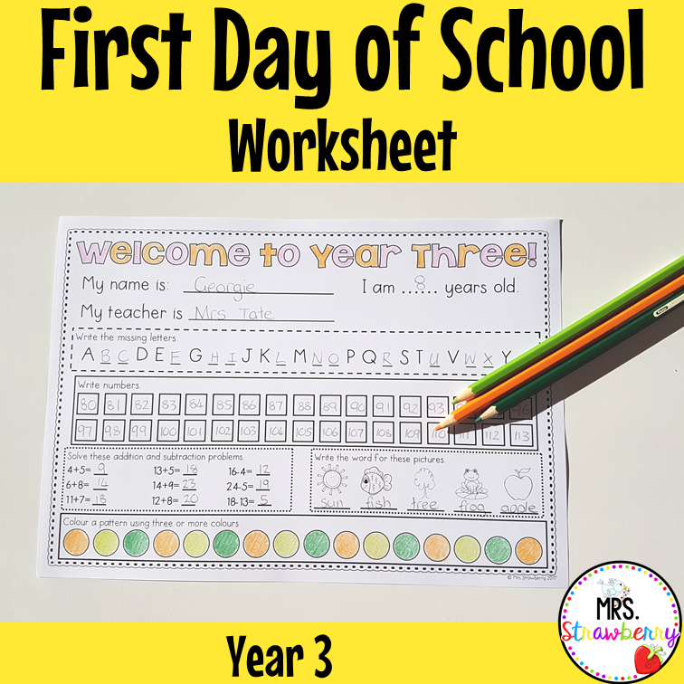 First Day of School Assessment Worksheet Year 3