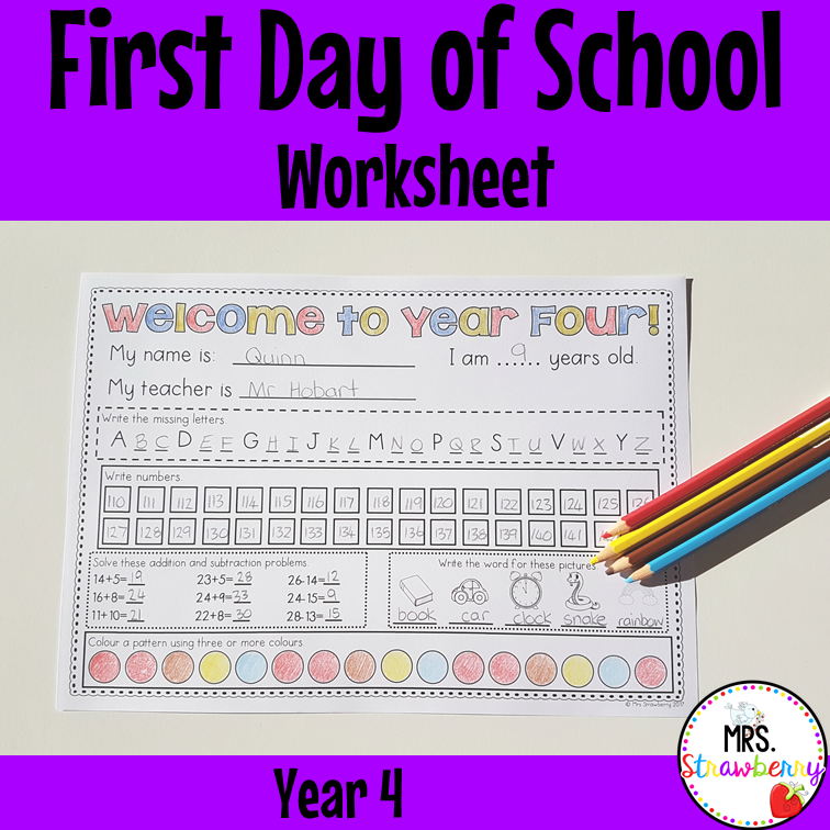 First Day of School Assessment Worksheet Year 4