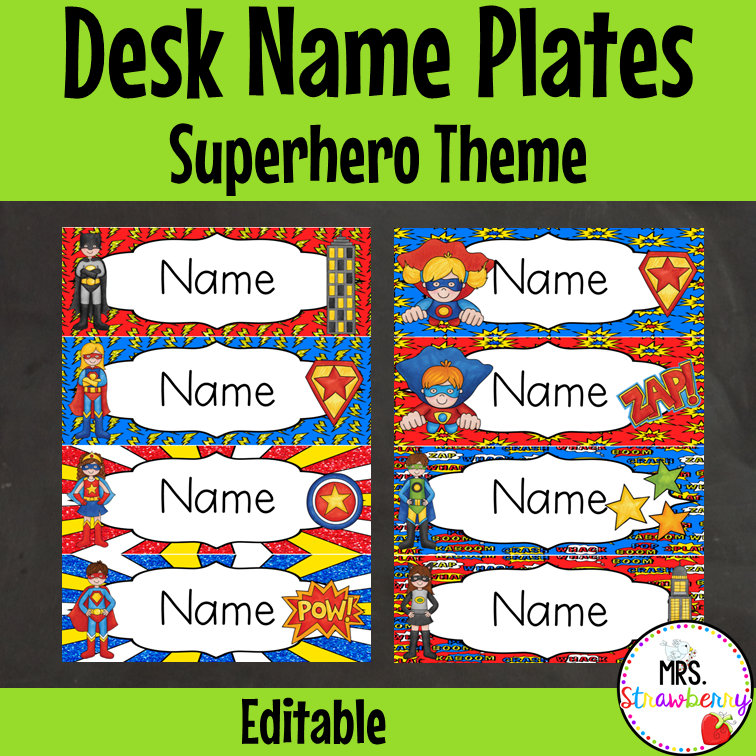Superhero Theme Desk Name Plate Labels EDITABLE