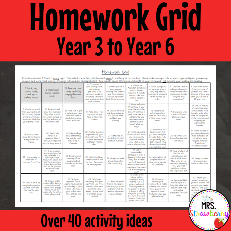 kindergarten homework grid