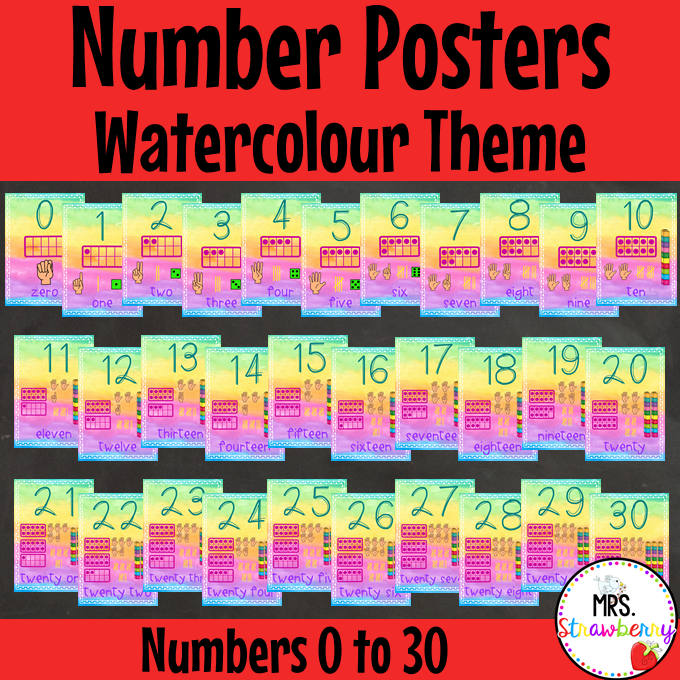 Watercolour Number Posters 0 to 30