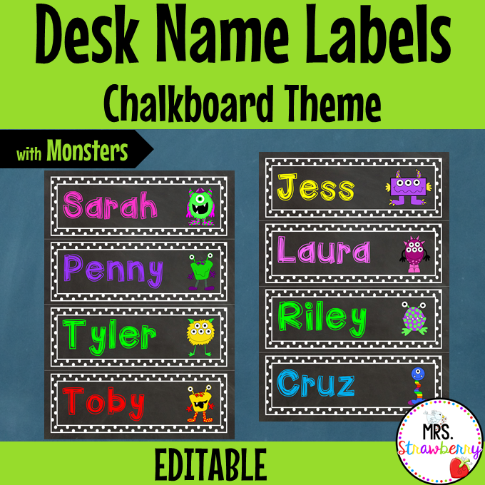 Chalkboard Monster Themed Desk Name Plate Labels EDITABLE
