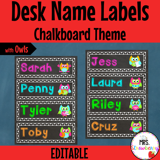 Chalkboard Owl Themed Desk Name Plate Labels EDITABLE