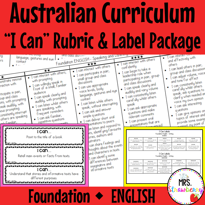 Foundation ENGLISH Australian Curriculum "I Can" Rubric and Label Package