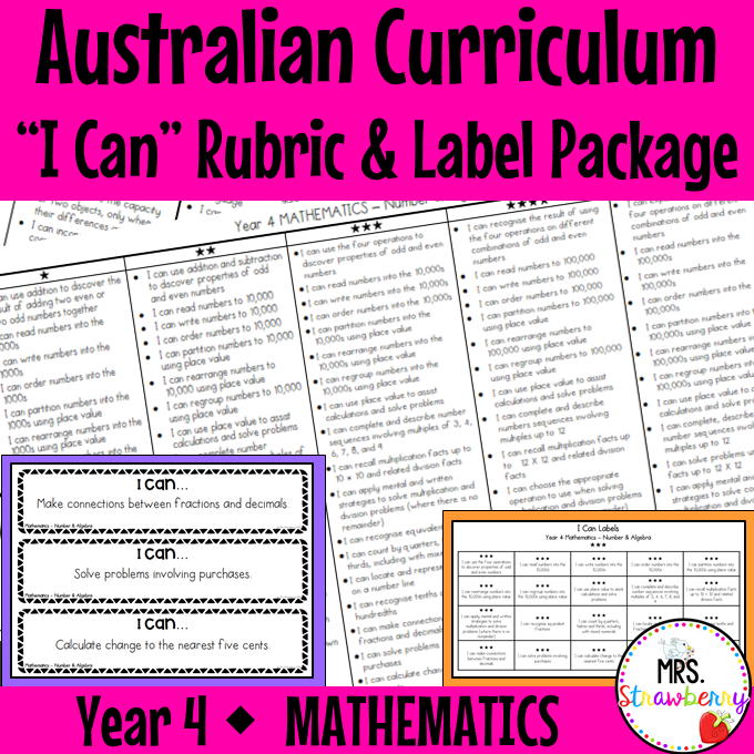 Year 4 MATHEMATICS Australian Curriculum "I Can" Rubric and Label Package