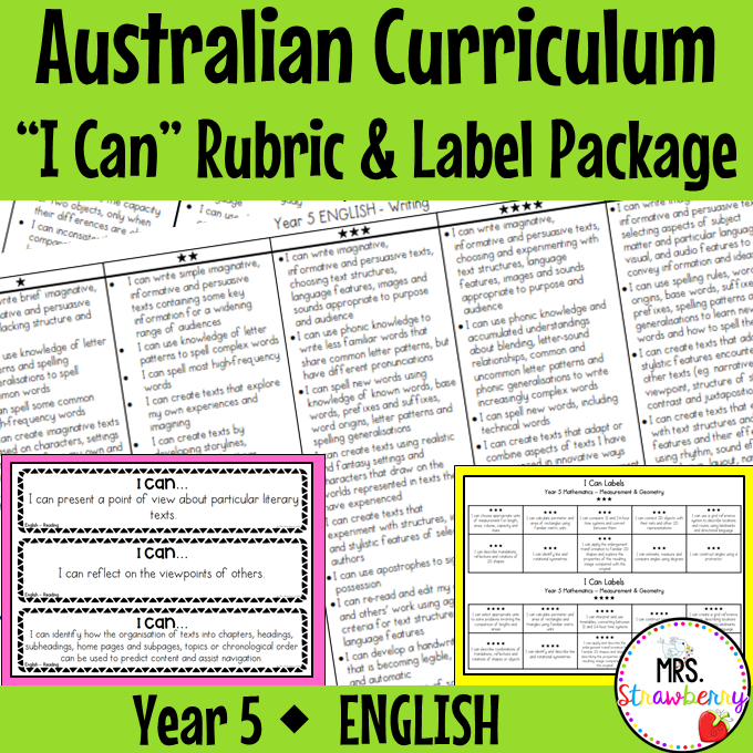 Year 5 ENGLISH Australian Curriculum "I Can" Rubric and Label Package
