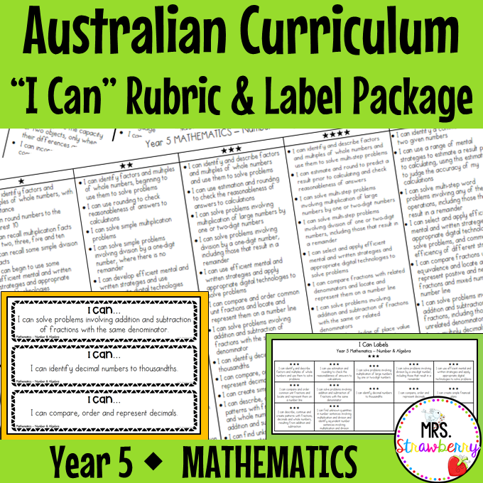 Year 5 MATHEMATICS Australian Curriculum "I Can" Rubric and Label Package