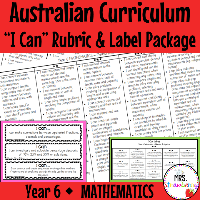 Year 6 MATHEMATICS Australian Curriculum "I Can" Rubric and Label Package