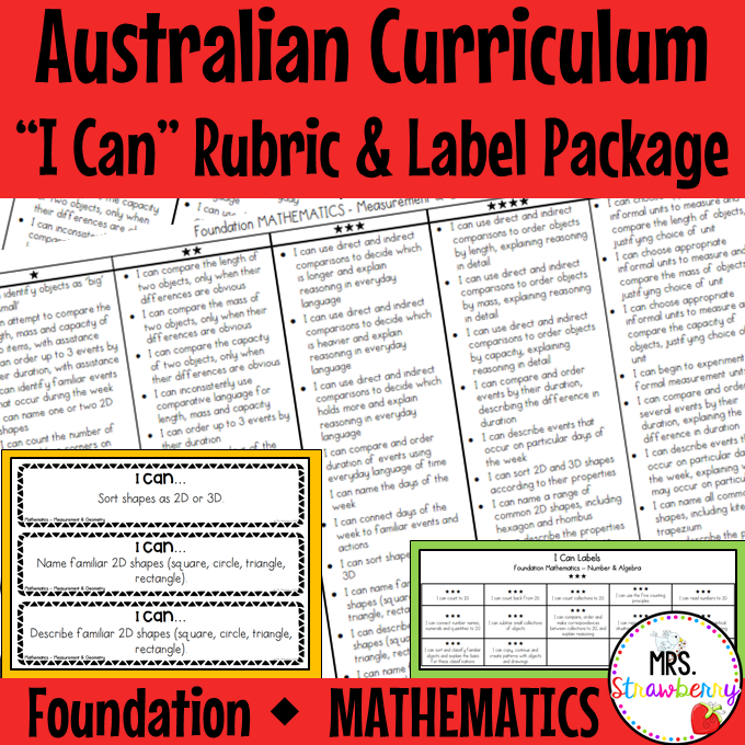 Foundation MATHEMATICS Australian Curriculum "I Can" Rubric and Label Package