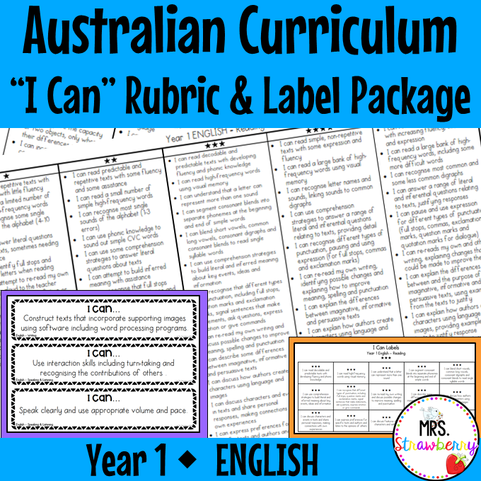 Year 1 ENGLISH Australian Curriculum "I Can" Rubric and Label Package