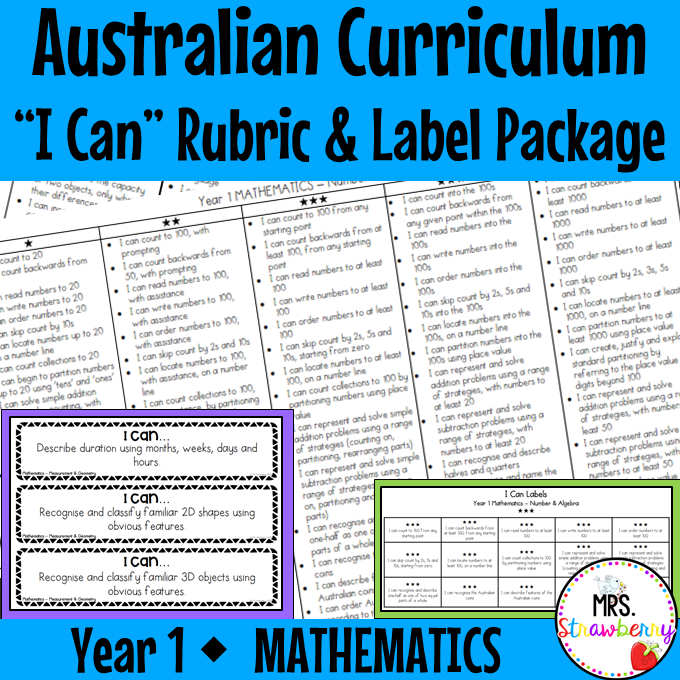 Year 1 MATHEMATICS Australian Curriculum "I Can" Rubric and Label Package