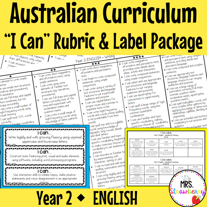 Year 2 ENGLISH Australian Curriculum "I Can" Rubric and Label Package