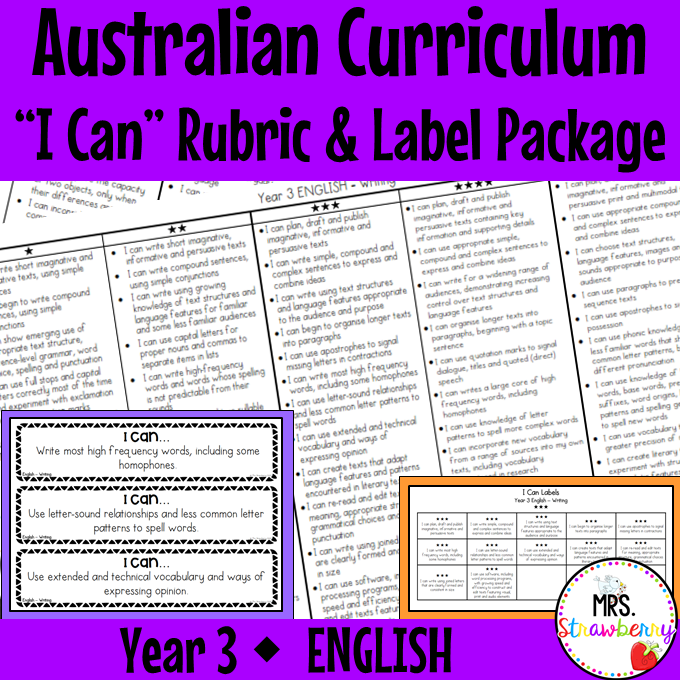 Year 3 ENGLISH Australian Curriculum "I Can" Rubric and Label Package