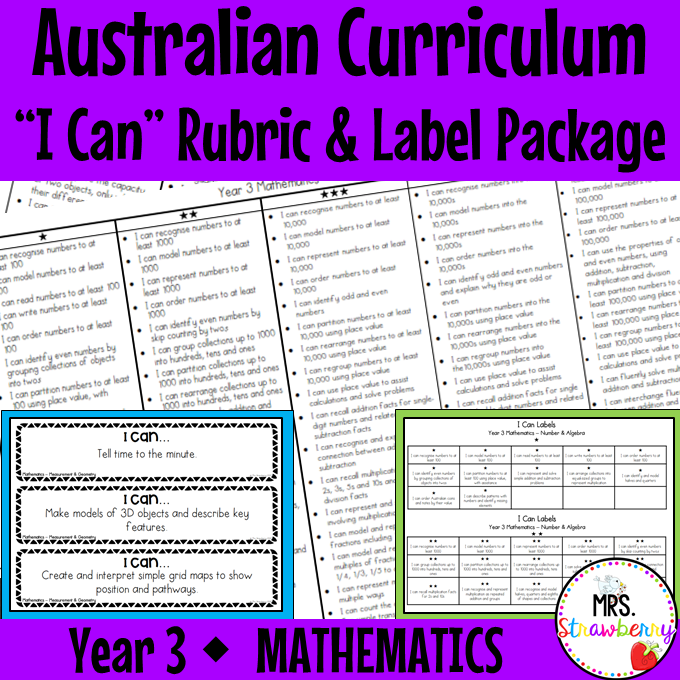 Year 3 MATHEMATICS Australian Curriculum "I Can" Rubric and Label Package