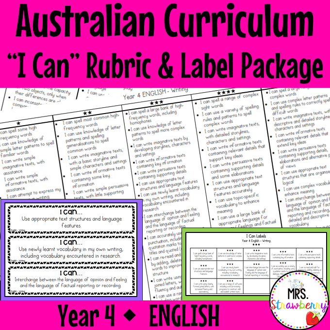 Year 4 ENGLISH Australian Curriculum "I Can" Rubric and Label Package