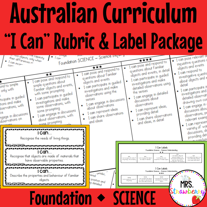 Foundation SCIENCE Australian Curriculum "I Can" Rubric and Label Package