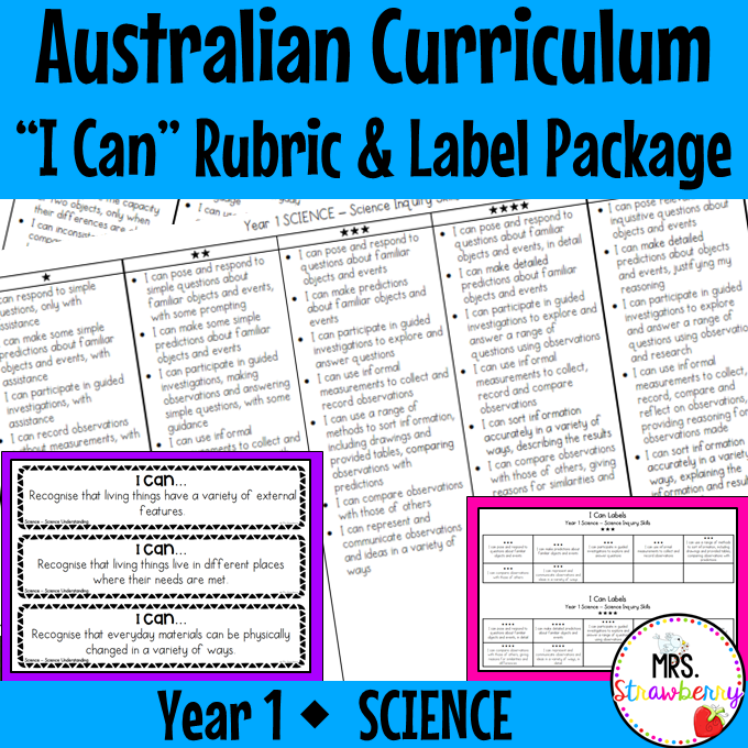 Year 1 SCIENCE Australian Curriculum "I Can" Rubric and Label Package