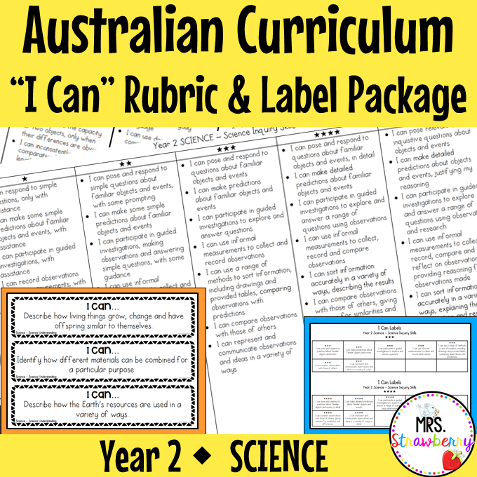 Year 2 SCIENCE Australian Curriculum "I Can" Rubric and Label Package