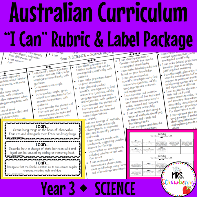 Year 3 SCIENCE Australian Curriculum "I Can" Rubric and Label Package