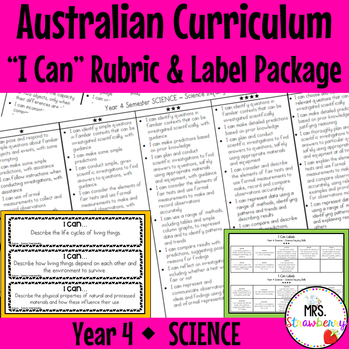 Year 4 SCIENCE Australian Curriculum "I Can" Rubric and Label Package