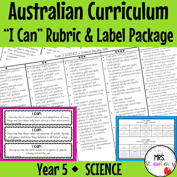 Year 5 SCIENCE Australian Curriculum "I Can" Rubric and Label Package