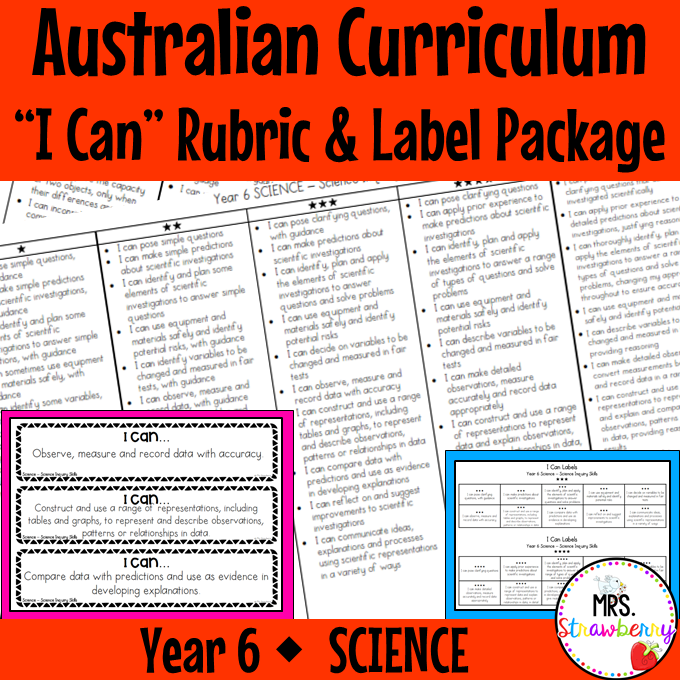 Year 6 SCIENCE Australian Curriculum "I Can" Rubric and Label Package